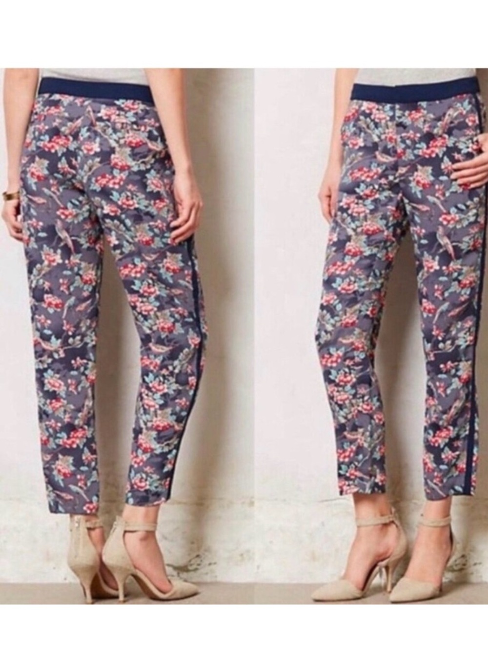 Anthropologie Elevenses Navy Floral Ankle Pants